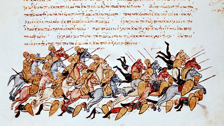 manuscript illumination of byzantine cavalry overrunning infantry