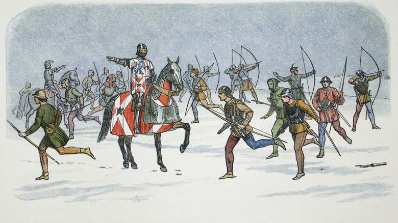Infantry and archers being directed by knight on horse
