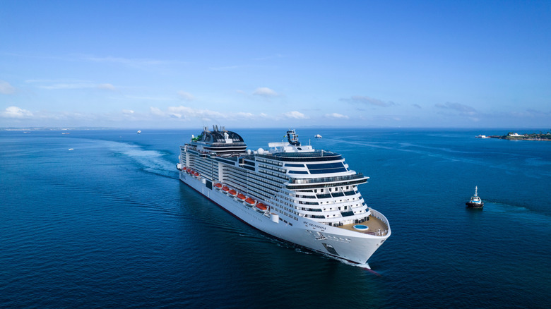 A large white cruise ship sails in the ocean with a blue sky behind it