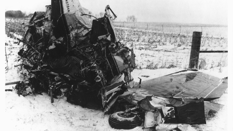 The wreckage of the plane crash that killed the Big Bopper, Buddy Holly, Ritchie Valens, and their pilot Roger Peterson
