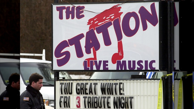 A sign for The Station concert venue advertising the Great White concert