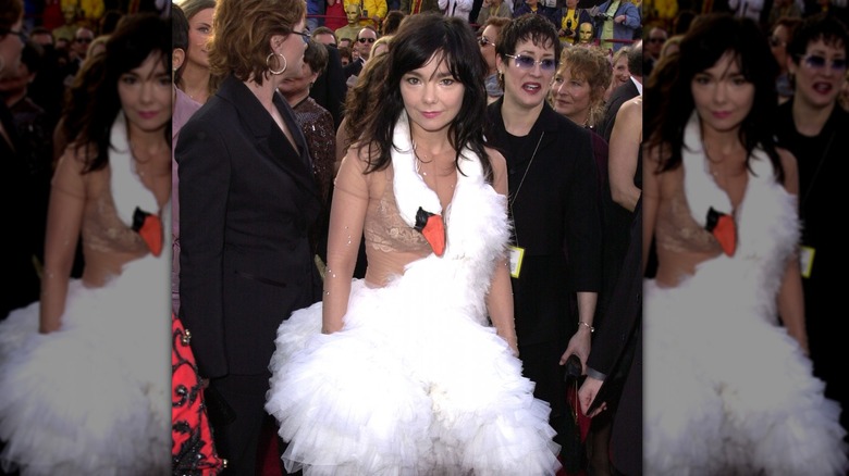 Bjork wearing swan dress at event