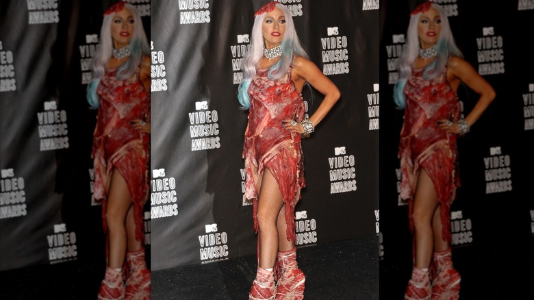 Lady Gaga wearing meat dress at event