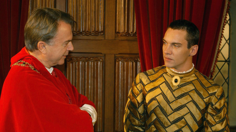 sam neill and jonathan rhys meyers on set for the tudors