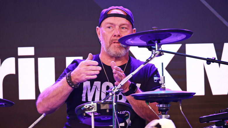 Jason Bonham behind a drum kit at SiriusXM studios