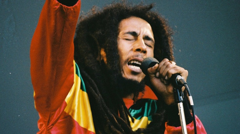 Bob Marley singing with eyes closed and raised arm