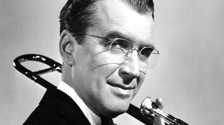 Glenn Miller posing with trombone