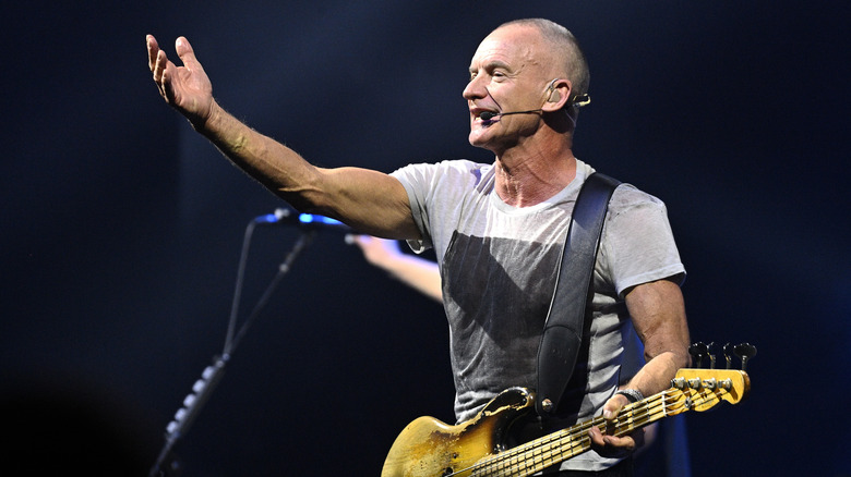 Sting arm raised performing on stage with guitar