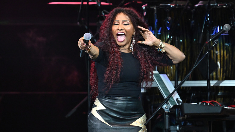 Chaka Khan performing on stage and interacting with audience.