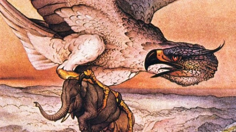 Illustration of giant roc lifting an elephant over mountains
