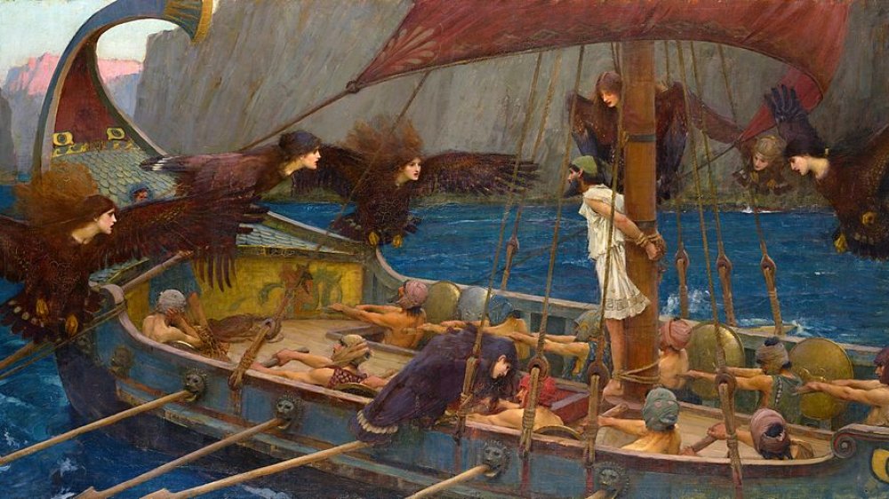 Sirens flying around men on boat with man tied to mast