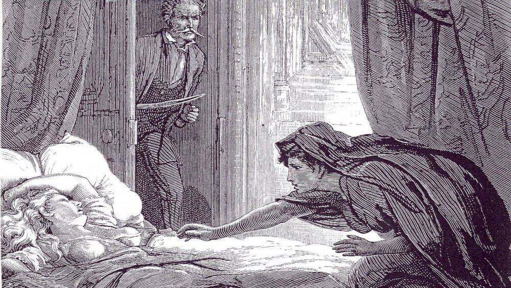 Man with sword entering room while woman leans over sleeping woman