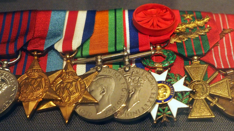 Closeup of Nancy Wake's medals on display at Australian War Memorial