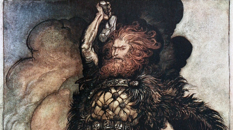 1910 illustration of Thor with hammer