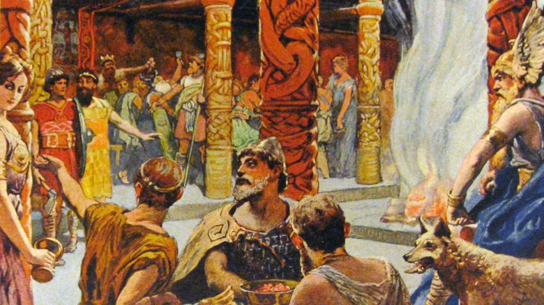 Einherjar served by Valkyries while Odin sits upon his throne