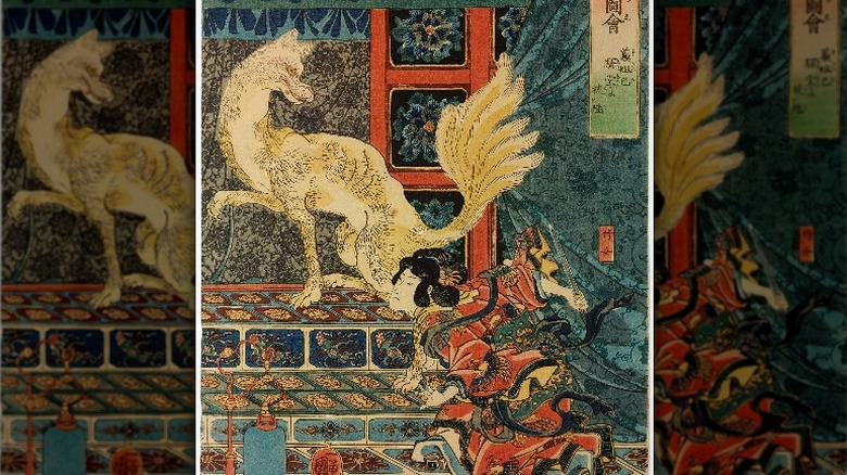 Woodblock print, oban tate-e. The revived fox-spirit Dakki appears before a court lady.