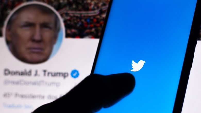 Donald Trump's Twitter profile and hand using mobile phone