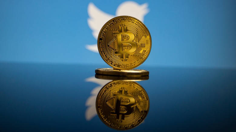 Bitcoins in front of Twitter blue bird logo
