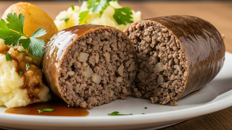 haggis cut in half with mashed potatoes