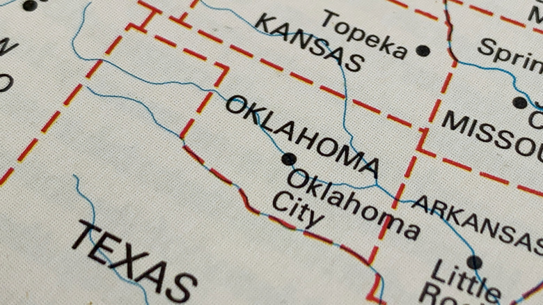 Texas and Oklahoma on atlas map