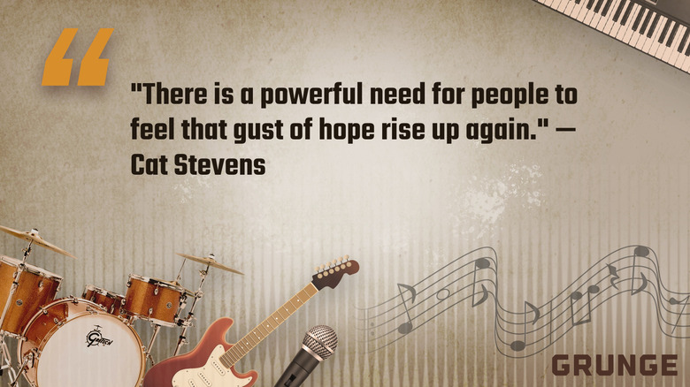 An illustrated card with a quotation from Cat Stevens: "There is a powerful need for peopole to feel that gust of hope rise up again."