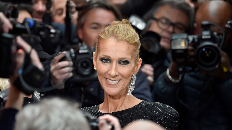Celine Dion dressed formally surrounded by photographers