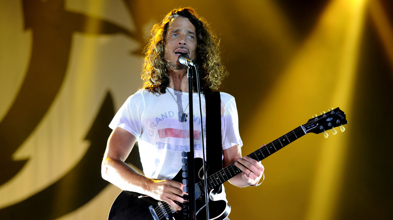 Chris Cornell playing guitar and singing onstage in 2010