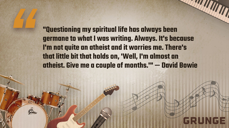 An illustrated card with a quote by David Bowie that says, "Questioning my spiritual life has always been germane to what I was writing. Always. It's becuase I;m not quite an atheist and it worries me. There's that little bit that holds on, 'Well, I'm almost an atheist. Give me a couple of months."