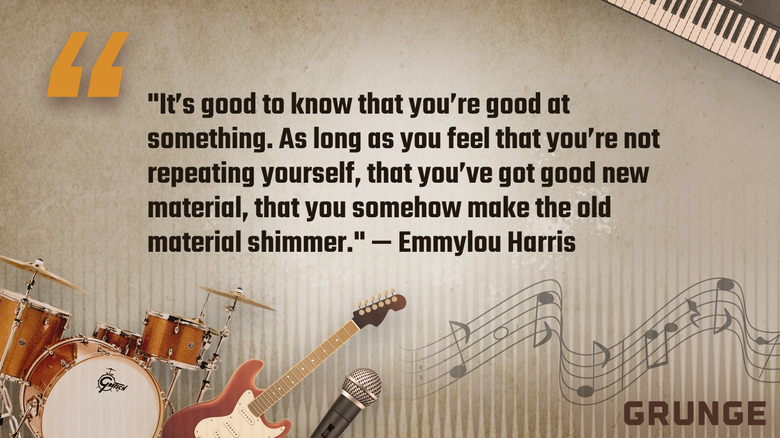 A quote by Emmylou Harris: "It's good to know that you're good at something. As long as you feel that you're no repeating yourself, that you've got new material, that you somehow make the old material shimmer.