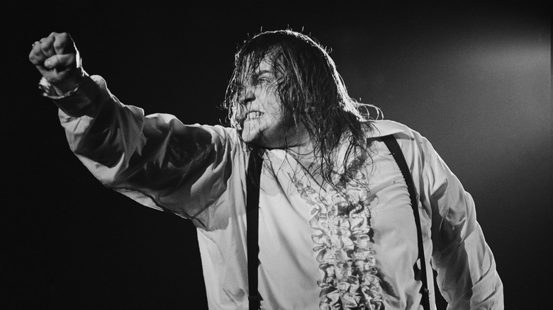 Meat Loaf grits his teeth and raises his fist during concert