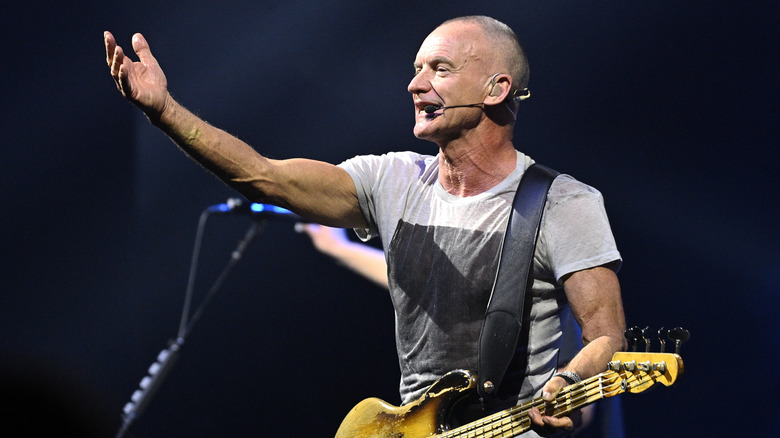 Sting singing with guitar on stage