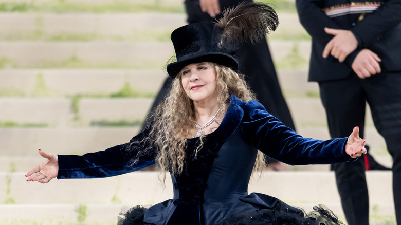 Stevie Nicks in dark blue gown with hat