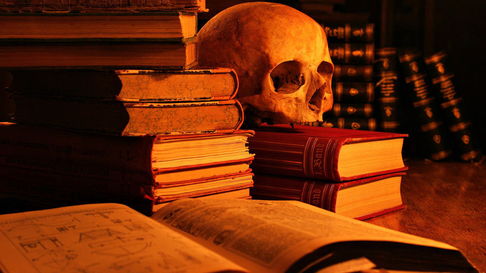 skull on books