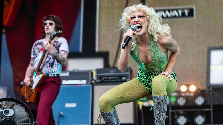 Declan Mehrtens (L) and Amy Taylor from Amyl And The Sniffers perform on stage during 2026 Oyafestivalen
