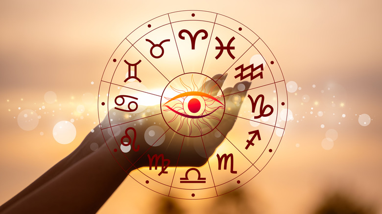 Graphic of two hands holding light leaks, with the astrological wheel overlayed with a sun/eye in the center