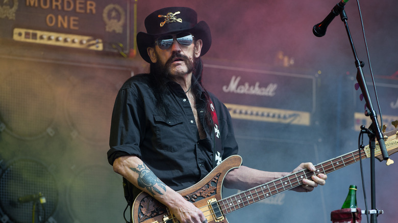 Motorhead's Lemmy playing bass at the Glastonbury Festival in 2015