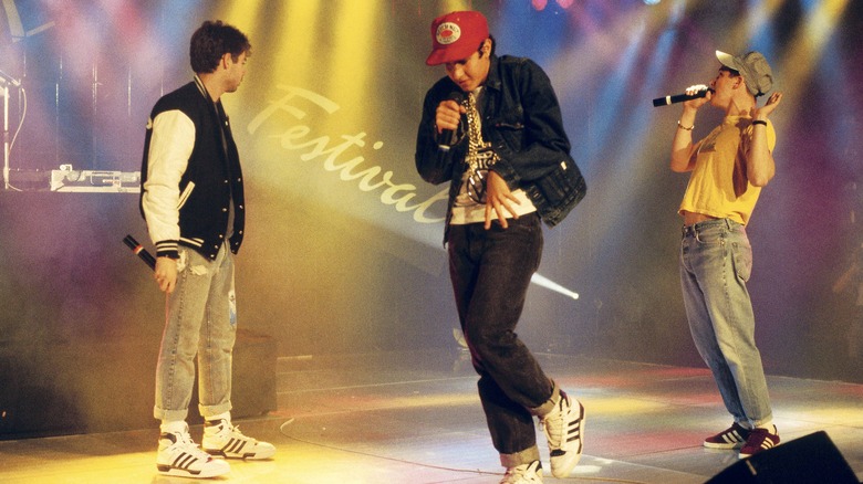 The Beastie Boys' Ad-Rock, MCA, and Mike D performing on stage at the Montreux Rock Festival
