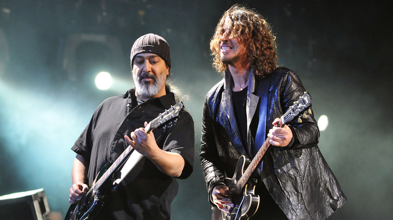 Soundgarden's Kim Thayil and Chris Cornell playing guitar on stage