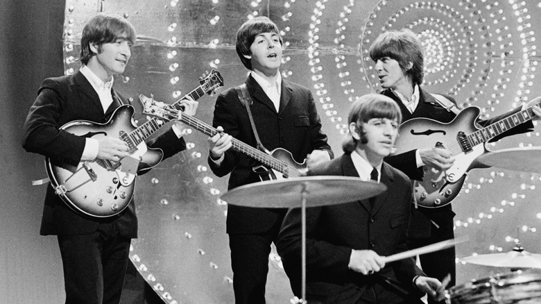 The Beatles performing on Top of the Pops in 1966