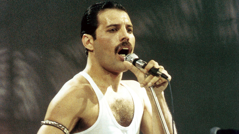 Freddie Mercury singing into a microphone