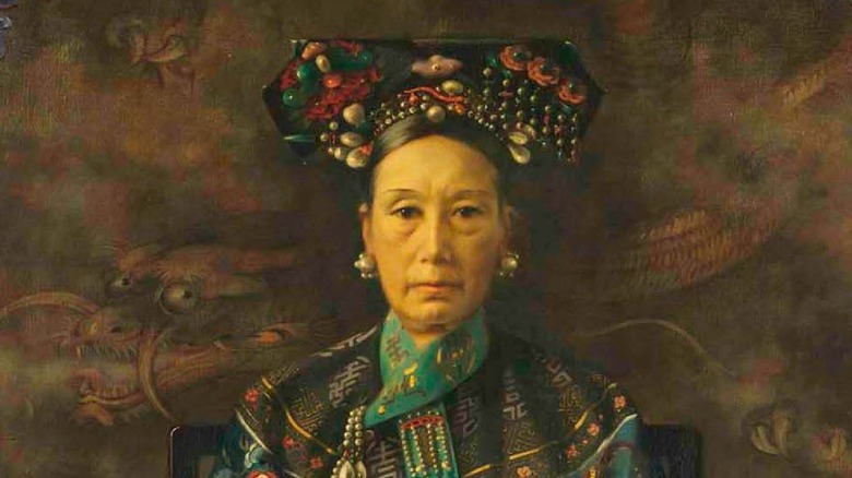 Portrait of Empress Dowager Cixi with headdress and royal clothes