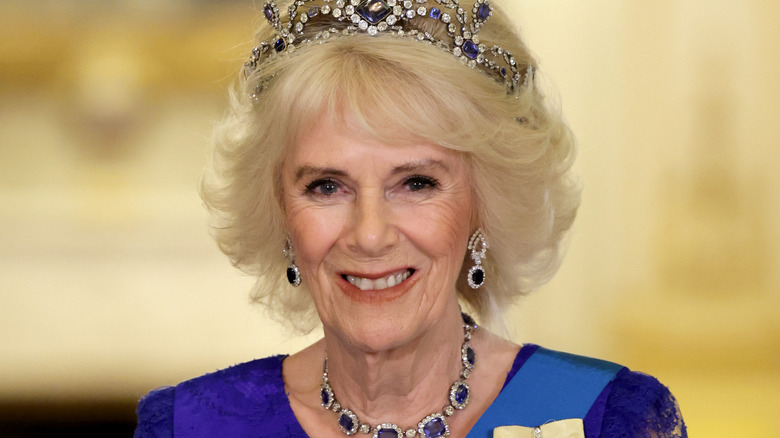 Queen Camilla in a sapphire tiara