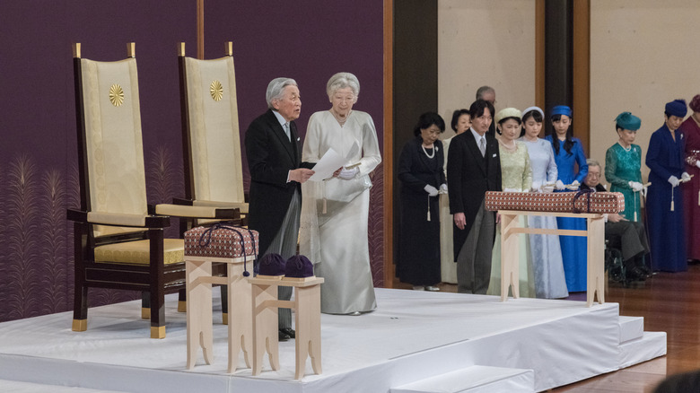 Akihito, Emperor of Japan and the Empress Michito during his abdication ceremony