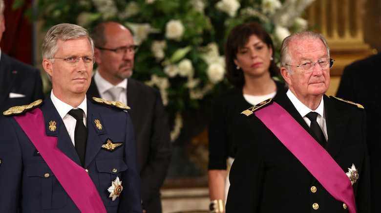 Albert II, King of the Belgians and his son Phillippe at his abdication ceremony