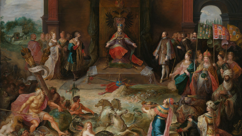 Allegorical painting of Charles V dividing his lands when abdication