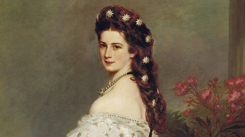 Portrait of Elisabeth of Austria in a white gown with stars in her hair