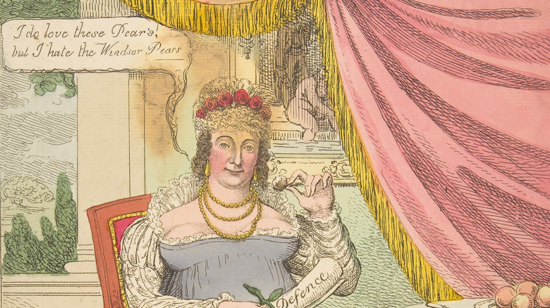 Cartoon of Caroline of Brunswick sat smiling and holding small pear