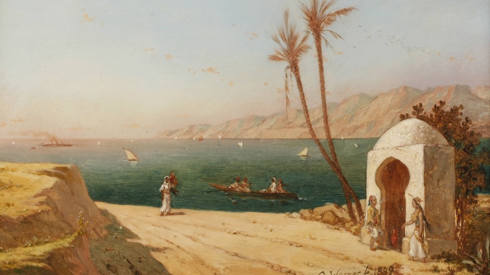 painting of Nile River with blue skey