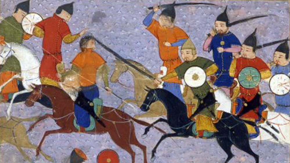 mongol battle with warriors on horses fighting