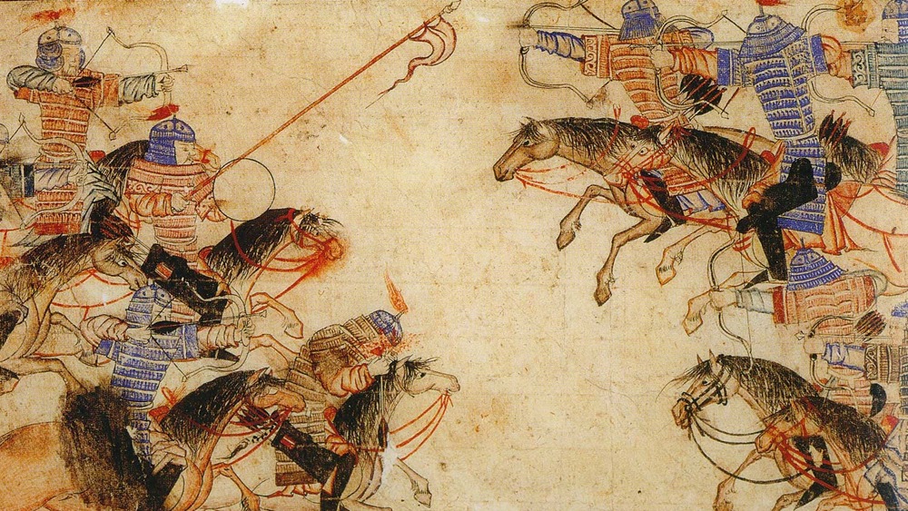 illustration of mongol battle with riders on horses
